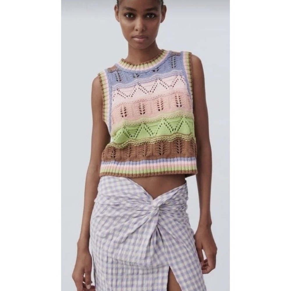 Zara Womens Multi Color Pointelle Knit Crop Sweater Vest Top Medium 3991/026